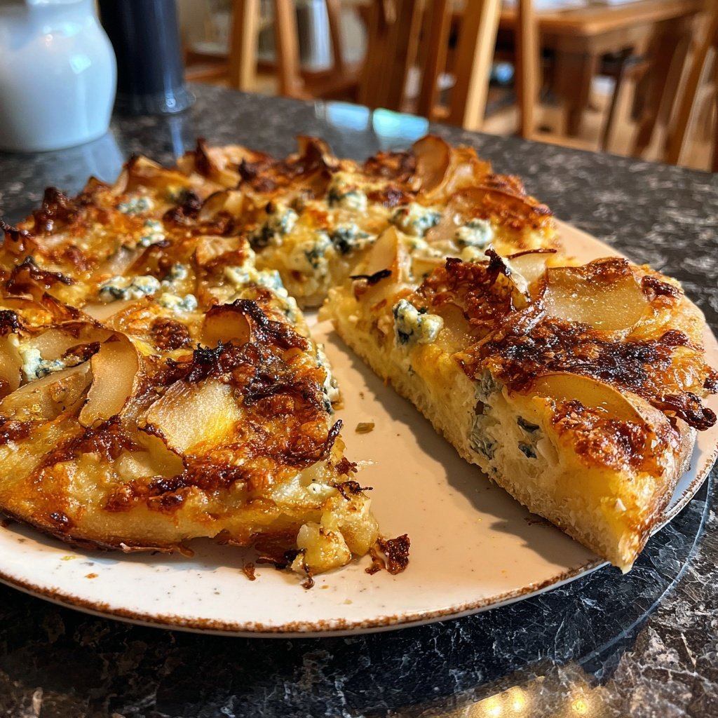 Flammkuchen mit Birne und Blauschimmelkäse