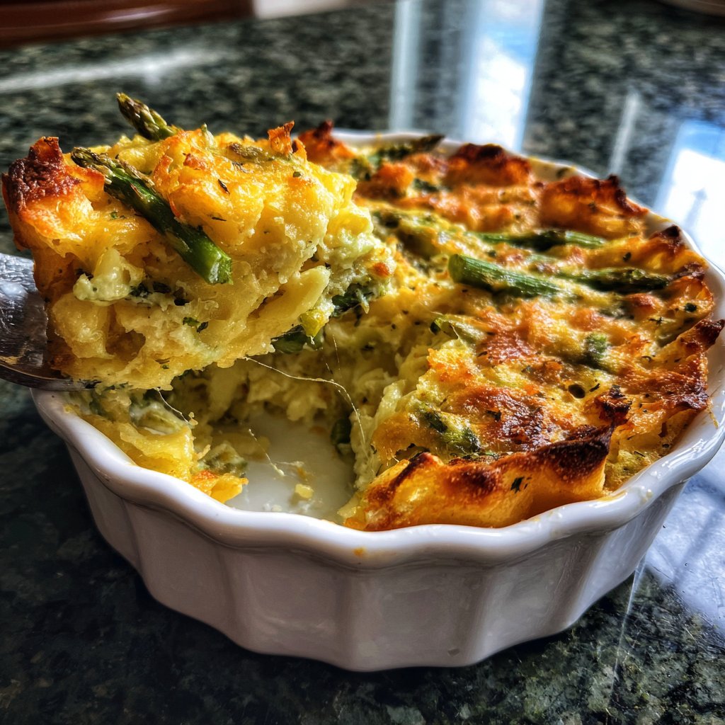 Vegetarischer Nudelauflauf mit grünem Spargel